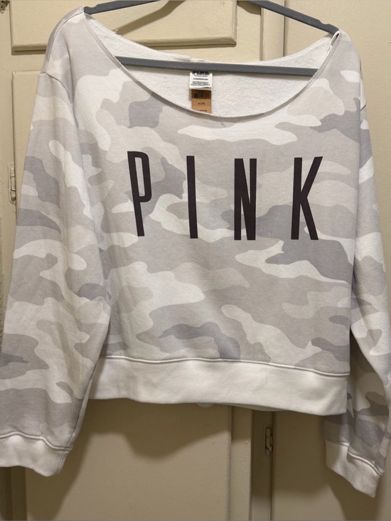 PINK Victoria's Secret Tops - New PINK Victoria's Secret Women's Gray Camo Relaxed off shoulder Sweatshirt XL